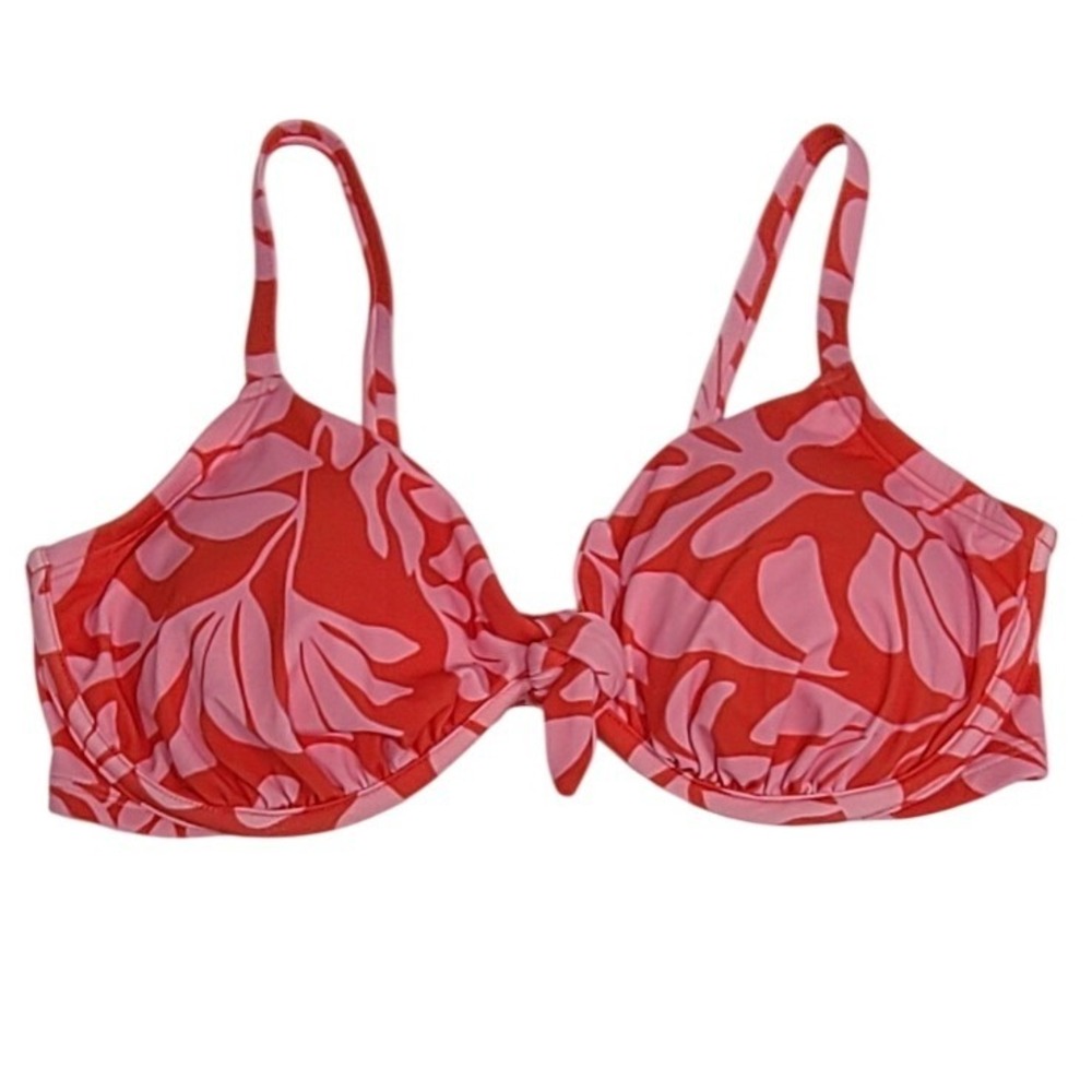Shade & Shore Red Pink Tropical Leaf Underwire Bikini Top‎ 38DD Front Knot